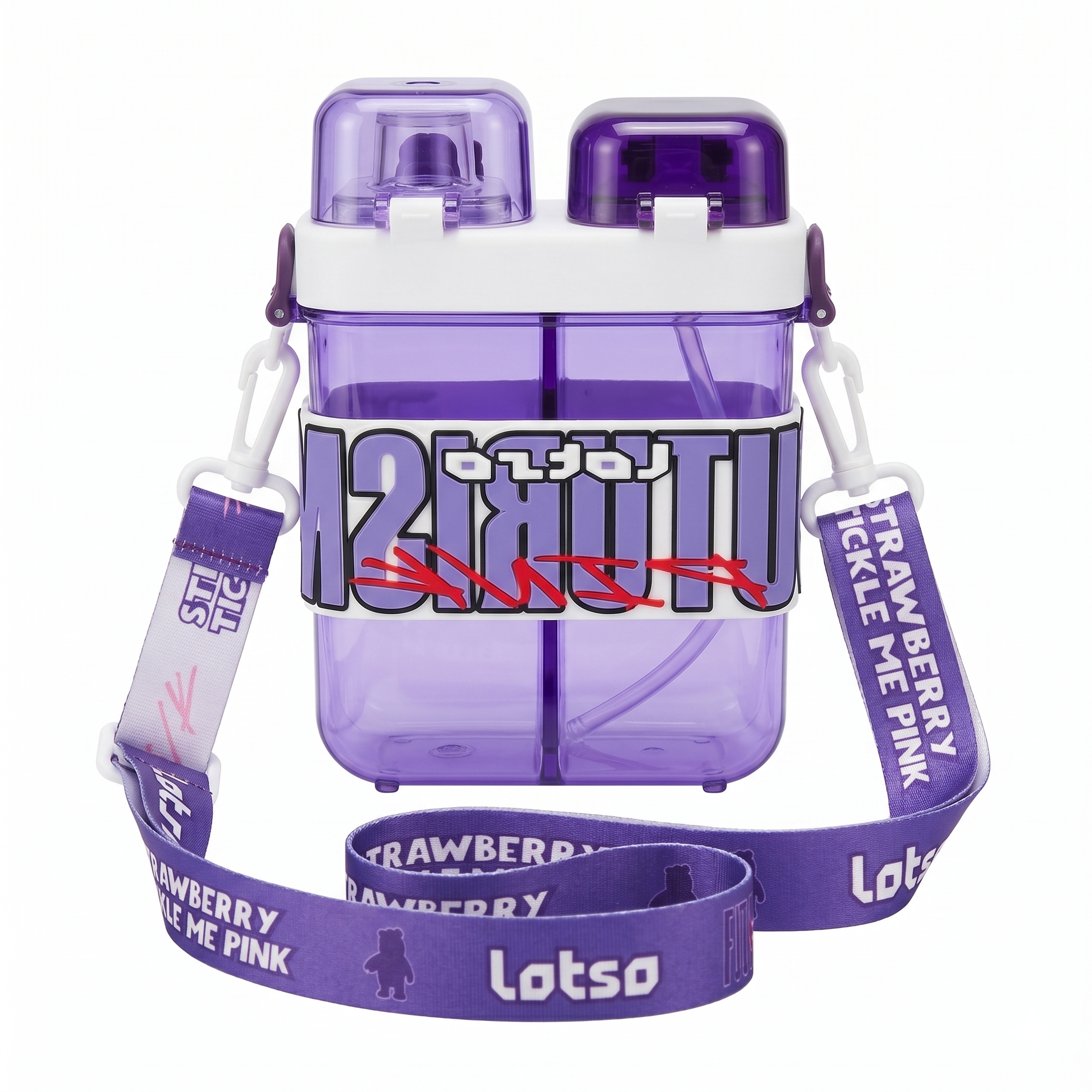 Lotso Bear 2-in-1 Dual-Chamber Water Bottle for Kids | 680ml Purple Sipper & Non-Sipper BPA-Free Plastic Bottle with Adjustable Carry Strap