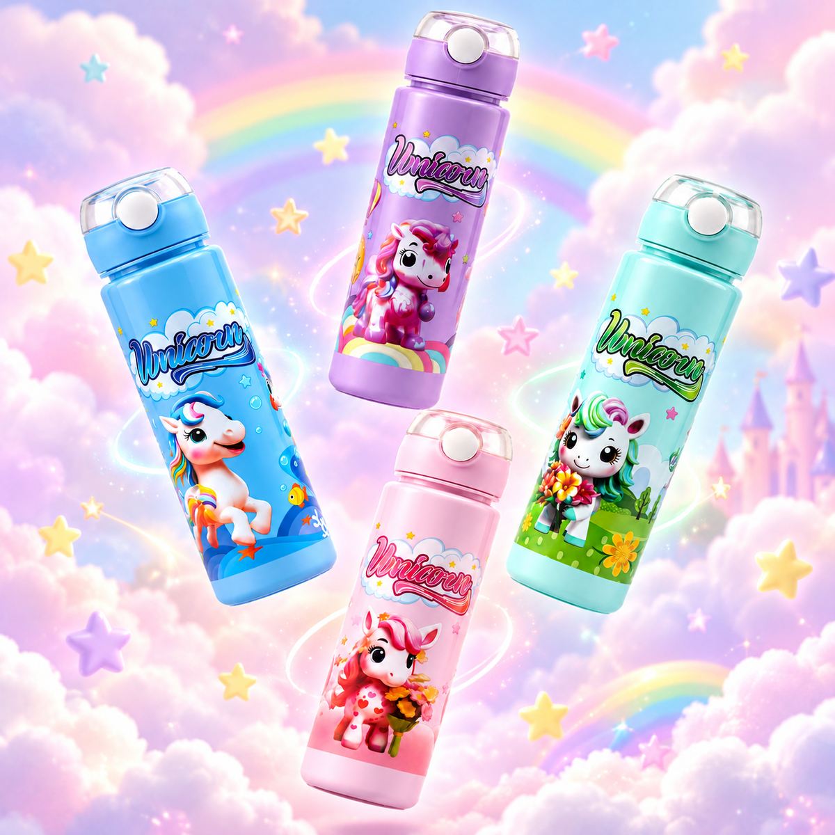 Magical Unicorn Bubblegum 900ml Kids Water Bottle with Straw