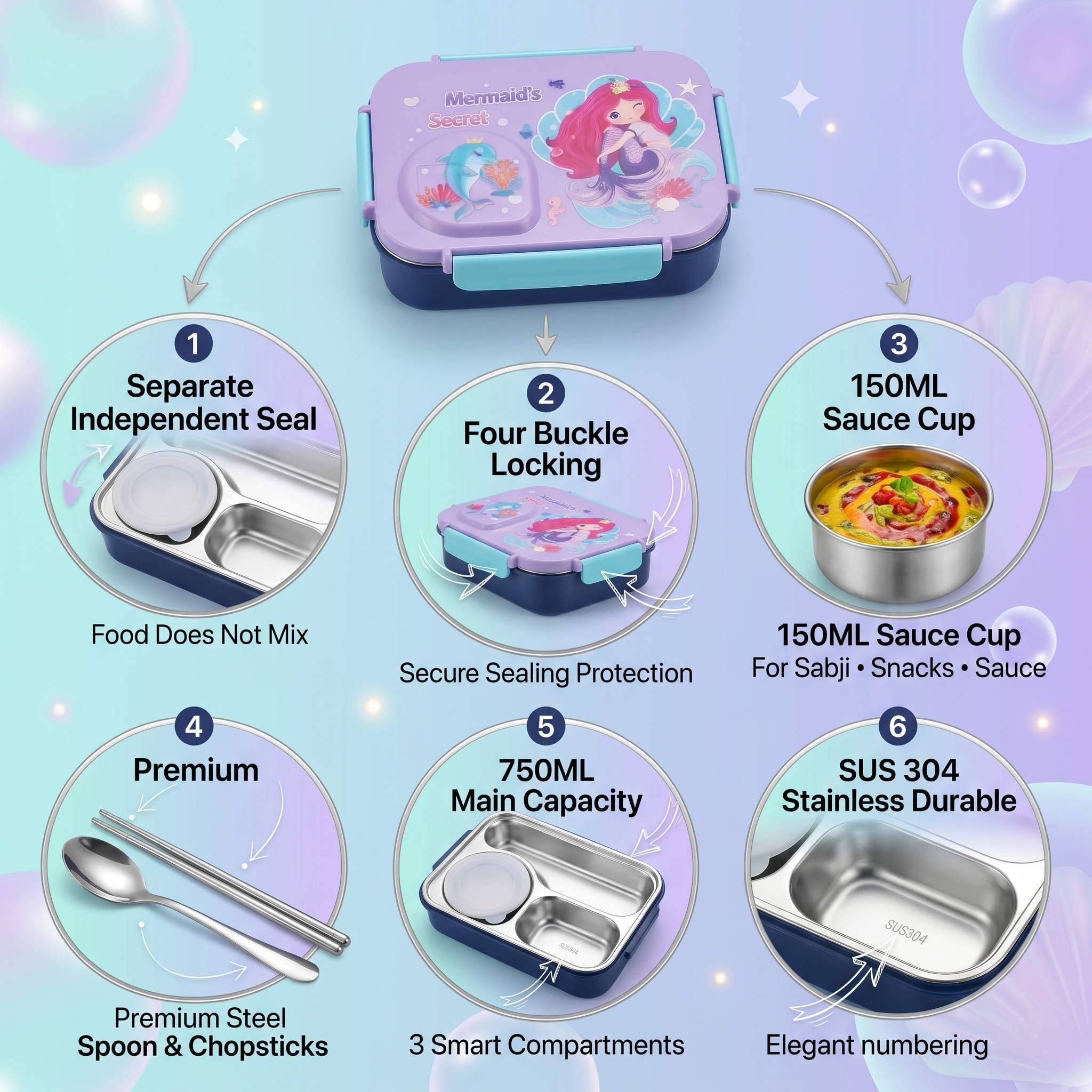 "Mermaid Secret" 750ml Premium SUS 304 Stainless Steel Bento Box