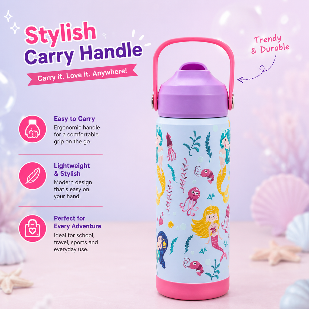 600ml Mermaid Theme Stainless Steel Insulated Bottle for Kids – Sky Blue & Purple