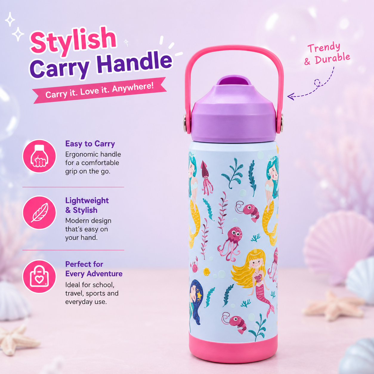 600ml Mermaid Theme Stainless Steel Insulated Bottle for Kids – Sky Blue & Purple