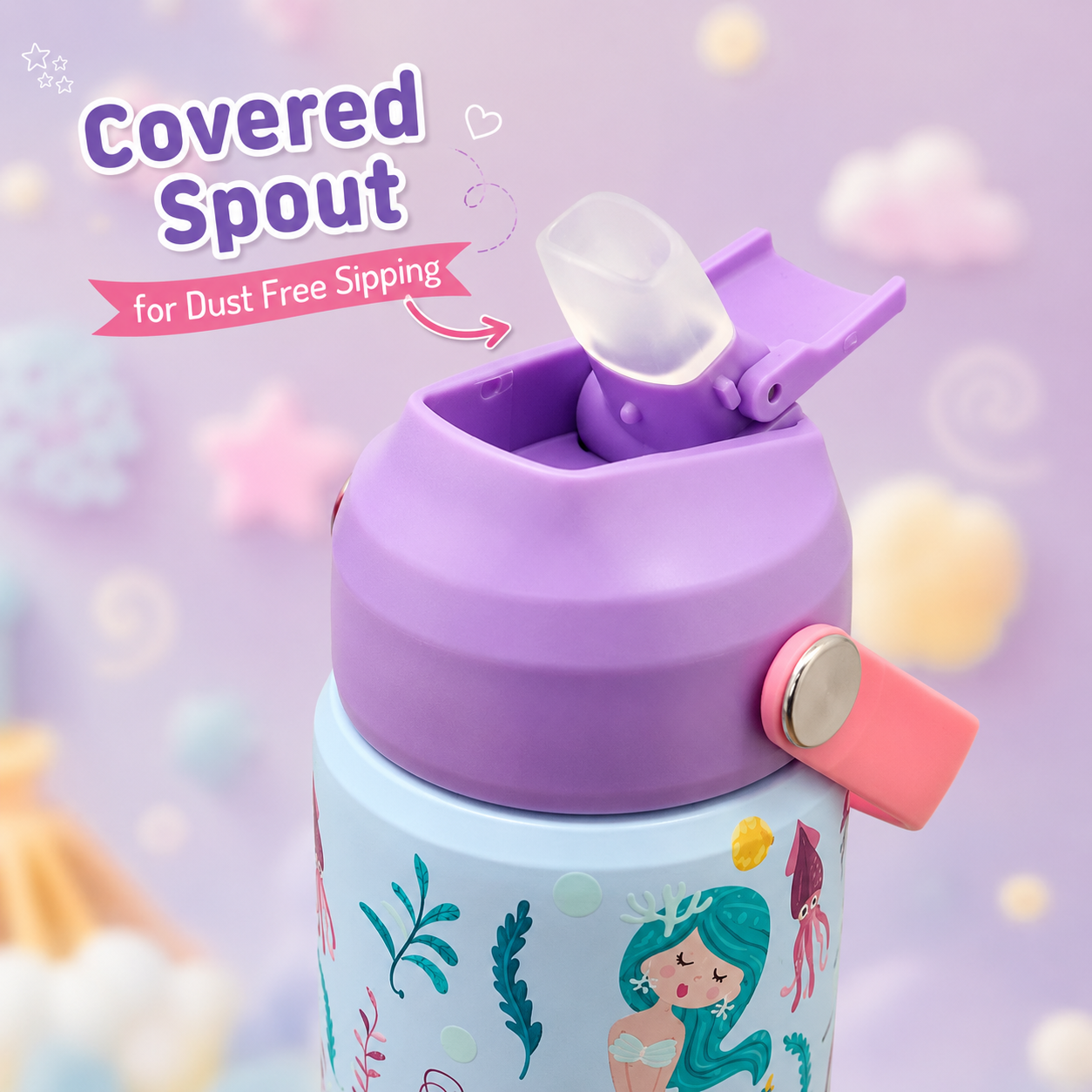600ml Mermaid Theme Stainless Steel Insulated Bottle for Kids – Sky Blue & Purple