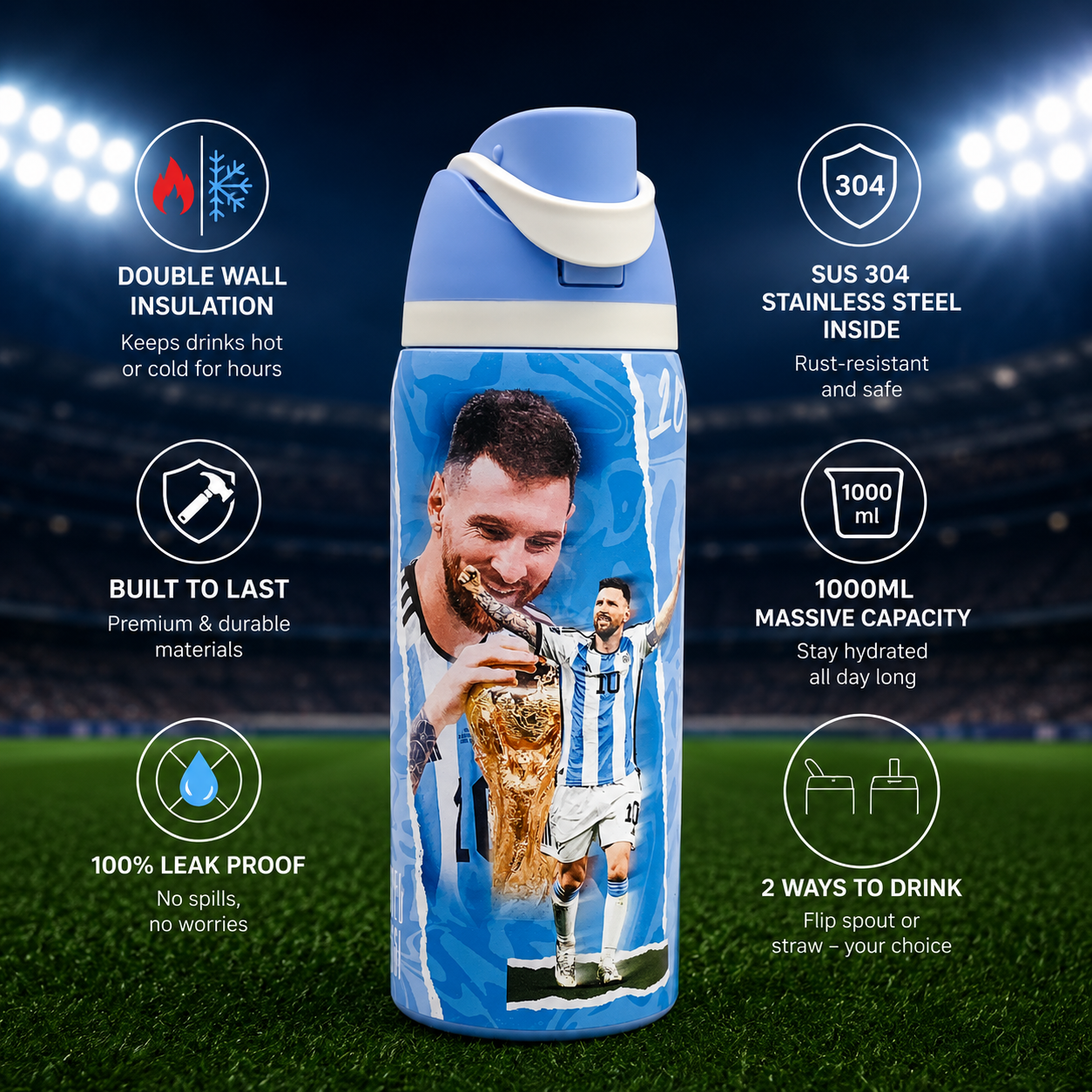 Messi Argentina 1000ml Insulated Bottle
