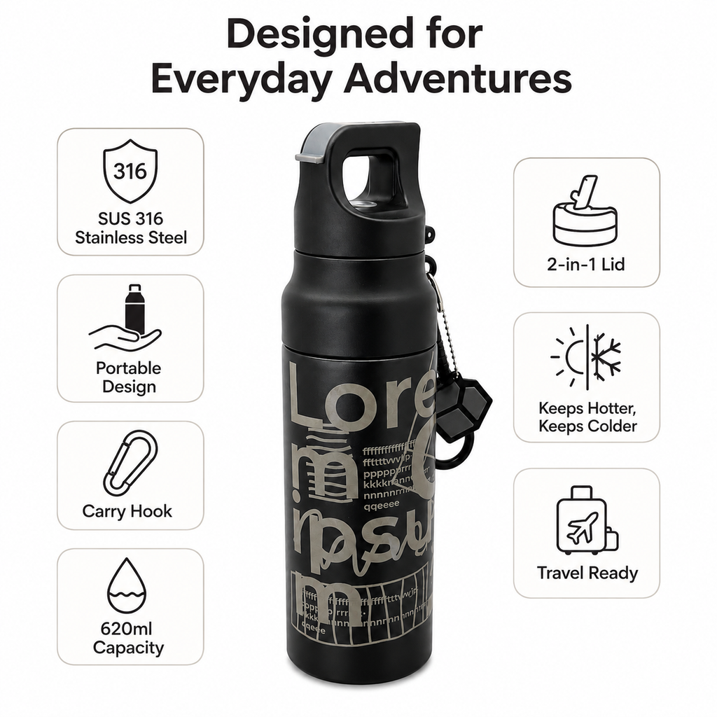 Midnight Black 620ml 2-in-1 Insulated Bottle