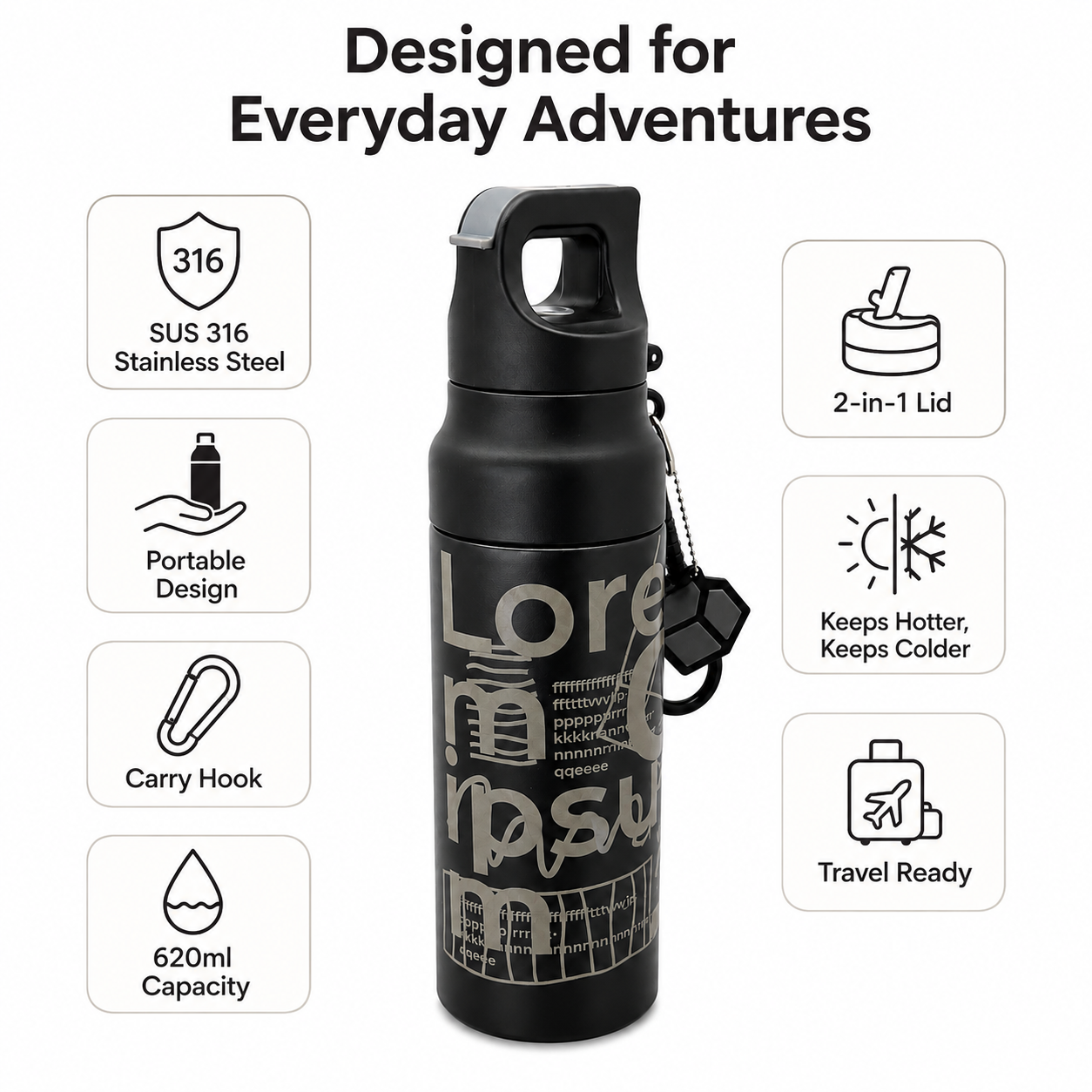 Midnight Black 620ml 2-in-1 Insulated Bottle