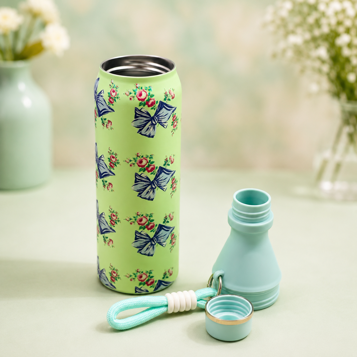 18oz Floral Insulated Water Bottle – Mint Green