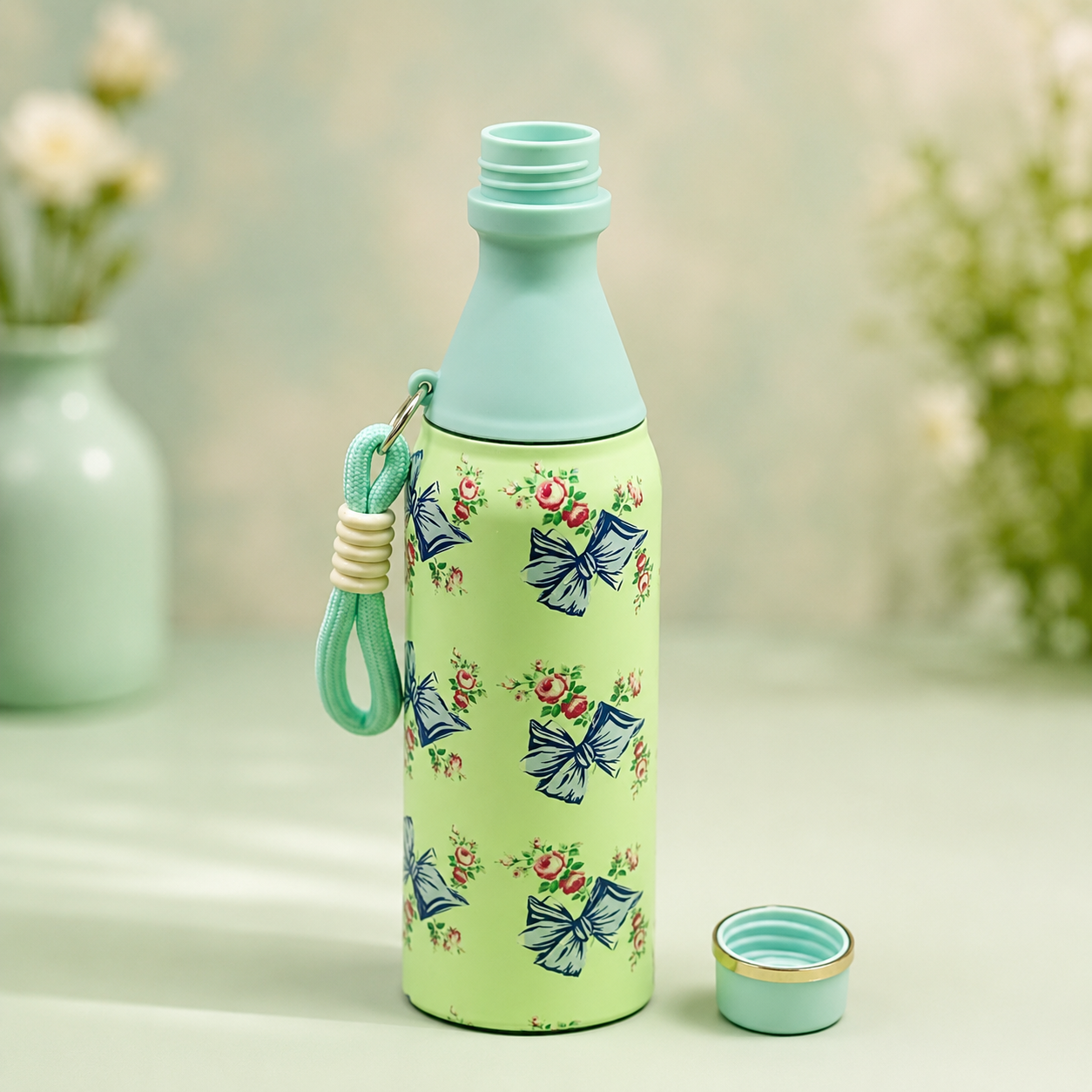 18oz Floral Insulated Water Bottle – Mint Green