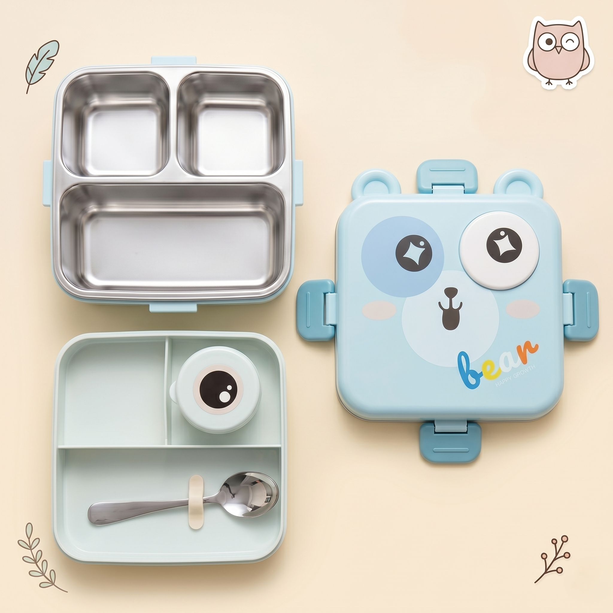 Bear-Blue Giant 1120ml Double Layer Stainless Steel Bento Box