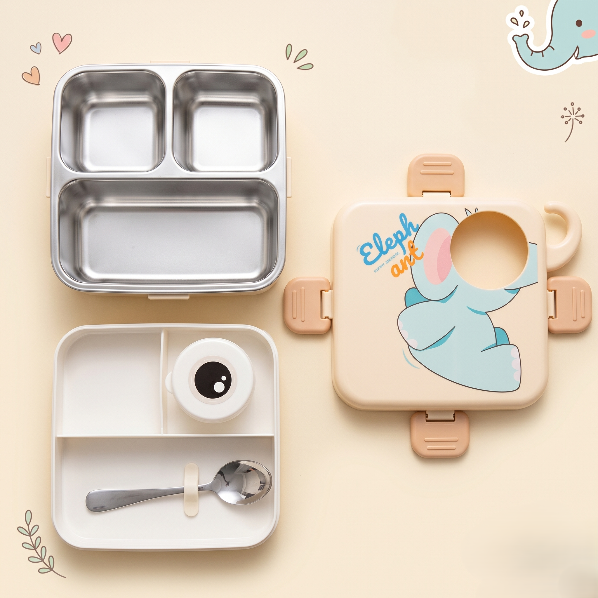 Elephant-Cream Giant 1120ml Double Layer Stainless Steel Bento Box