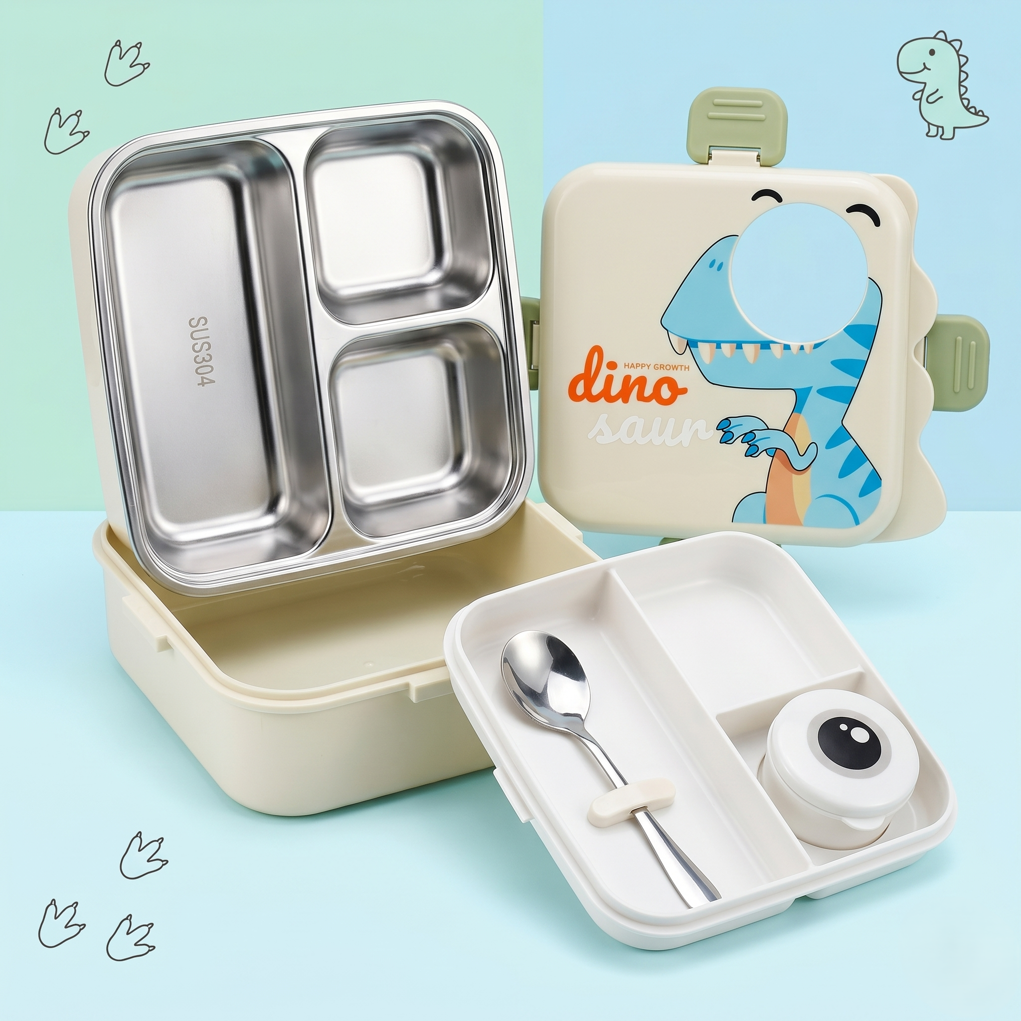 Dino-Green Giant 1120ml Double Layer Stainless Steel Bento Box