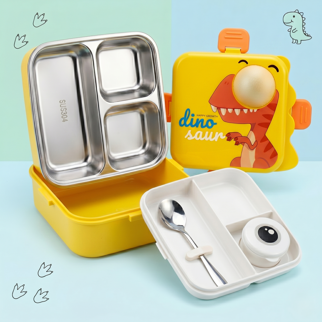 Dino-Yellow Giant 1120ml Double Layer Stainless Steel Bento Box