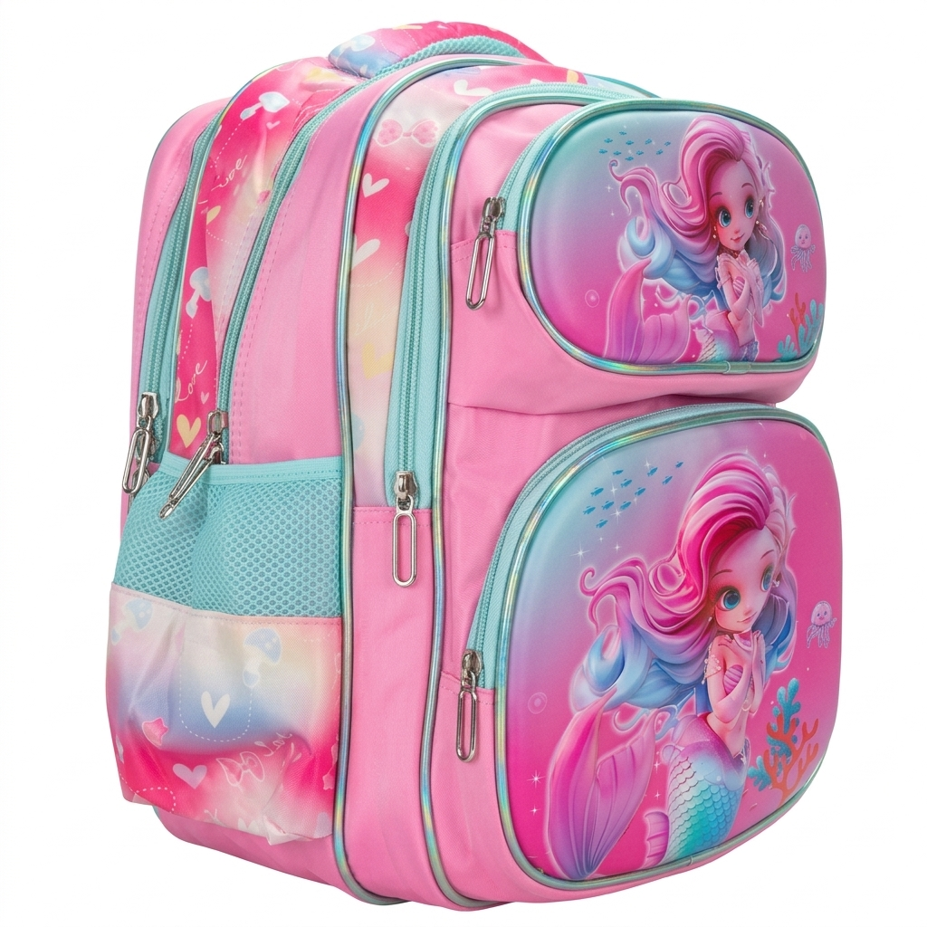 16" Enchanted Mermaid 3-Compartment Large Backpack | Ergonomic Pink & Teal School Bag for Girls