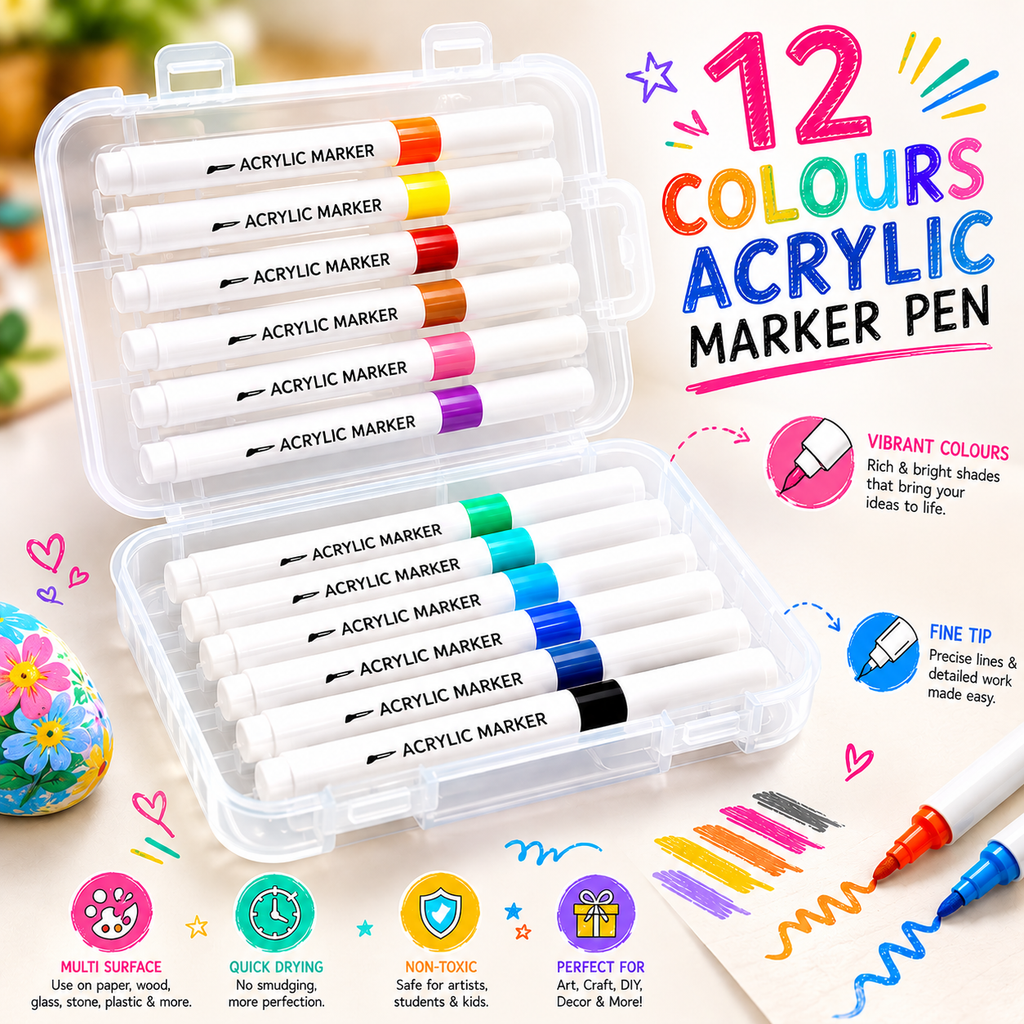 Professional 12-Color Fine Tip Acrylic Paint Pens