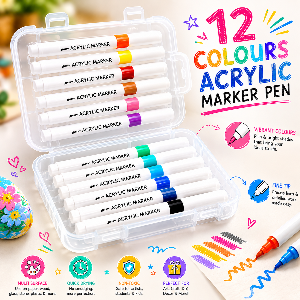 Professional 12-Color Fine Tip Acrylic Paint Pens