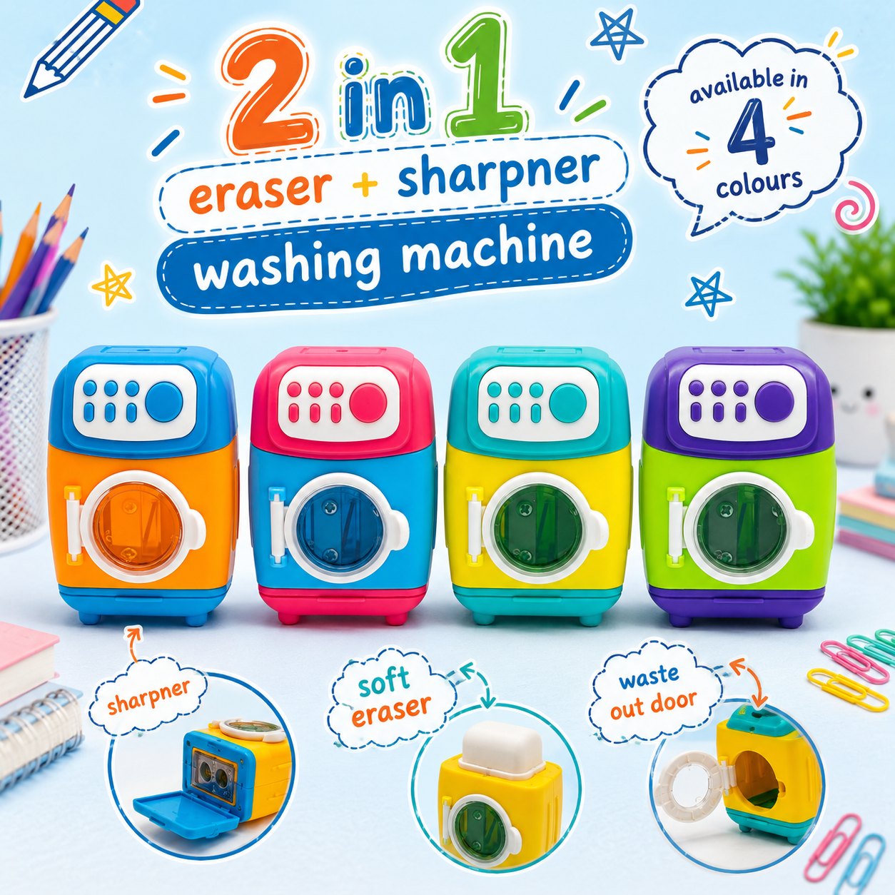 Washing Machine Pink 2-in-1 Eraser & Sharpener