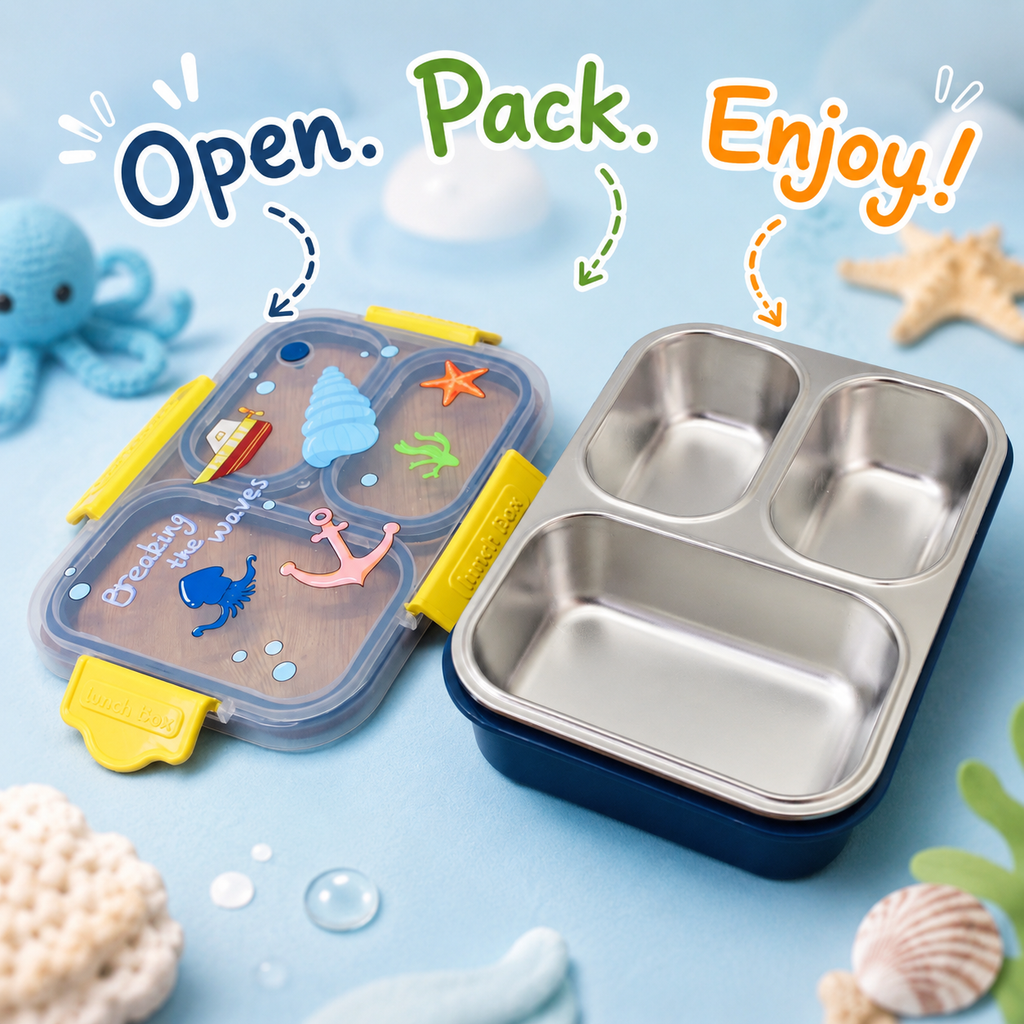 Premium 800mL Stainless Steel Kids Bento Box (Ocean Explorer)
