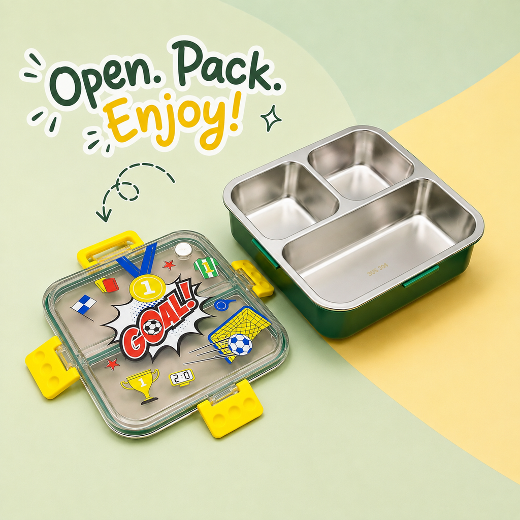 Premium 750mL Stainless Steel Kids Bento Box (Football Goal)