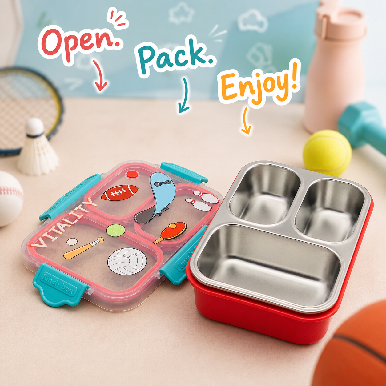 Premium 800mL Stainless Steel Kids Bento Box (Sports Vitality)