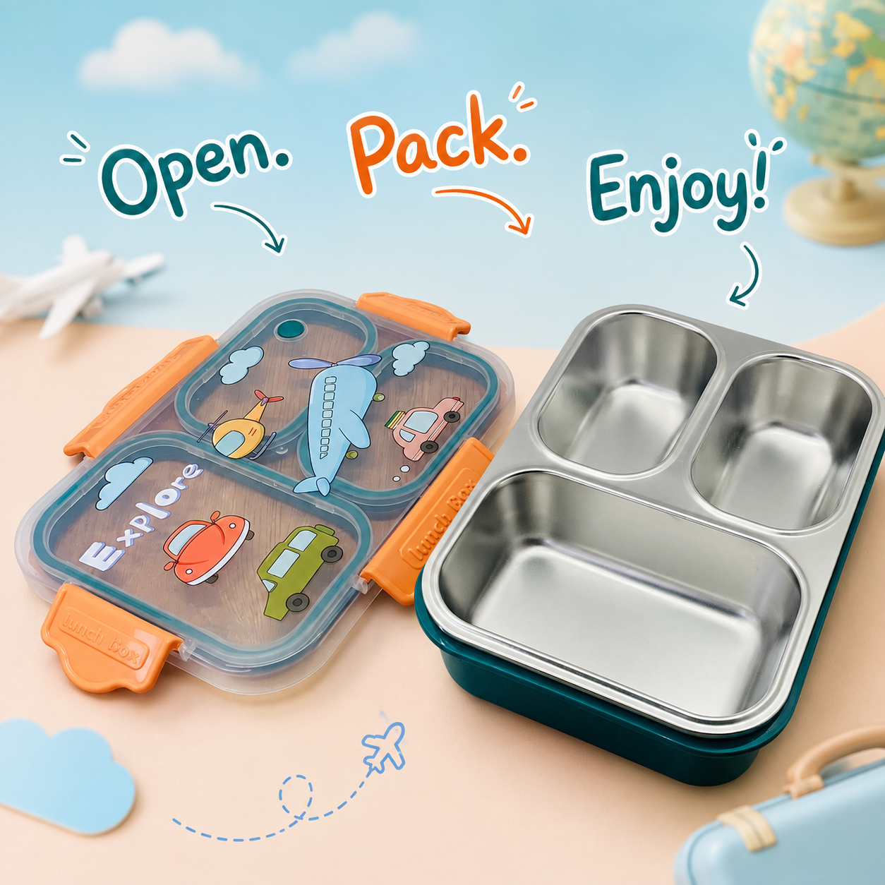 Premium 800mL Stainless Steel Kids Bento Box (Travel Explorer)