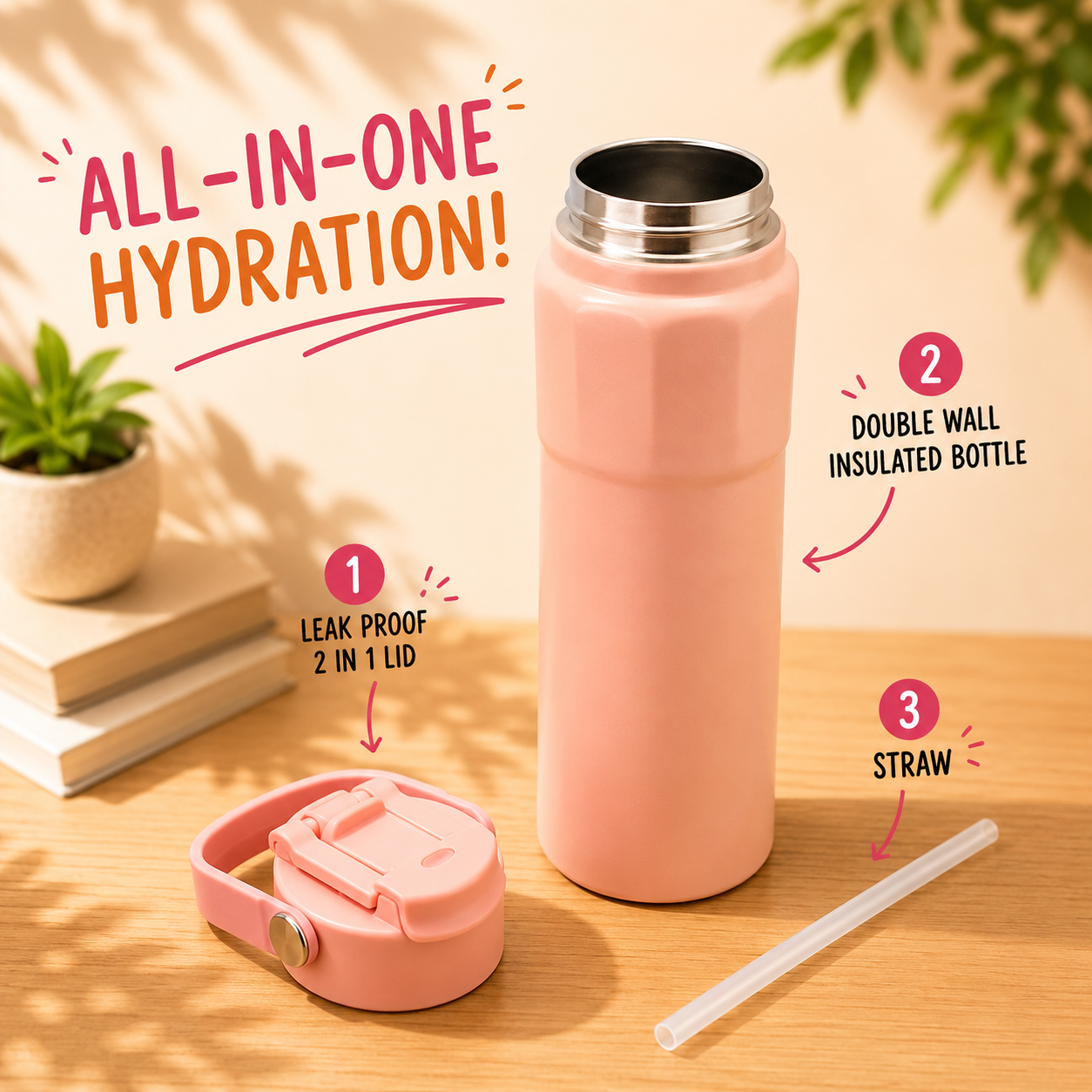 750ml 2-in-1 Insulated Bottle – Pastel Pink
