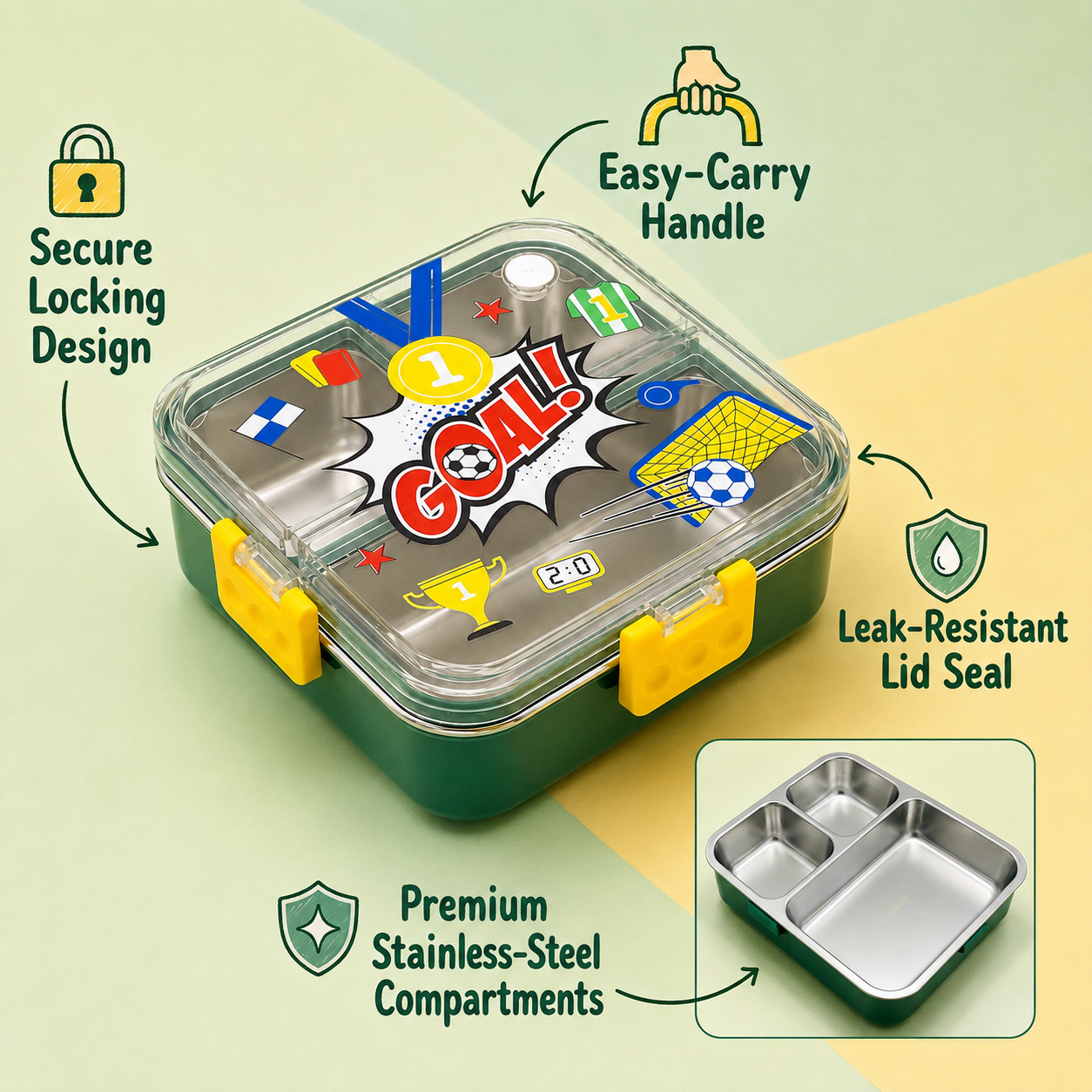 Premium 750mL Stainless Steel Kids Bento Box (Football Goal)