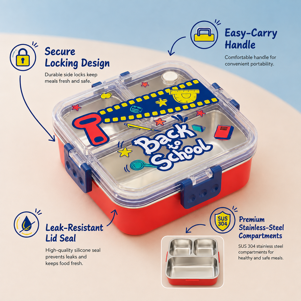Premium 750mL Stainless Steel Kids Bento Box (Back to School)
