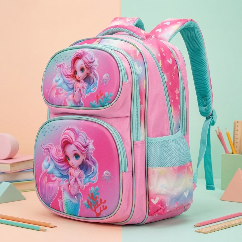 16" Enchanted Mermaid 3-Compartment Large Backpack | Ergonomic Pink & Teal School Bag for Girls