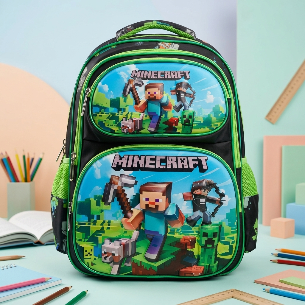 16" Minecraft 3D Large School Backpack | Ergonomic Multi-Pocket Gaming Bag for Kids