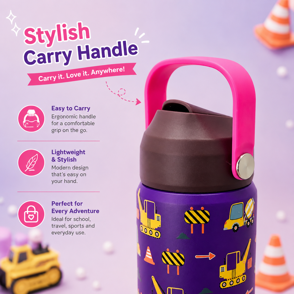 600ml Construction Theme Stainless Steel Insulated Bottle for Kids – Purple & Brown