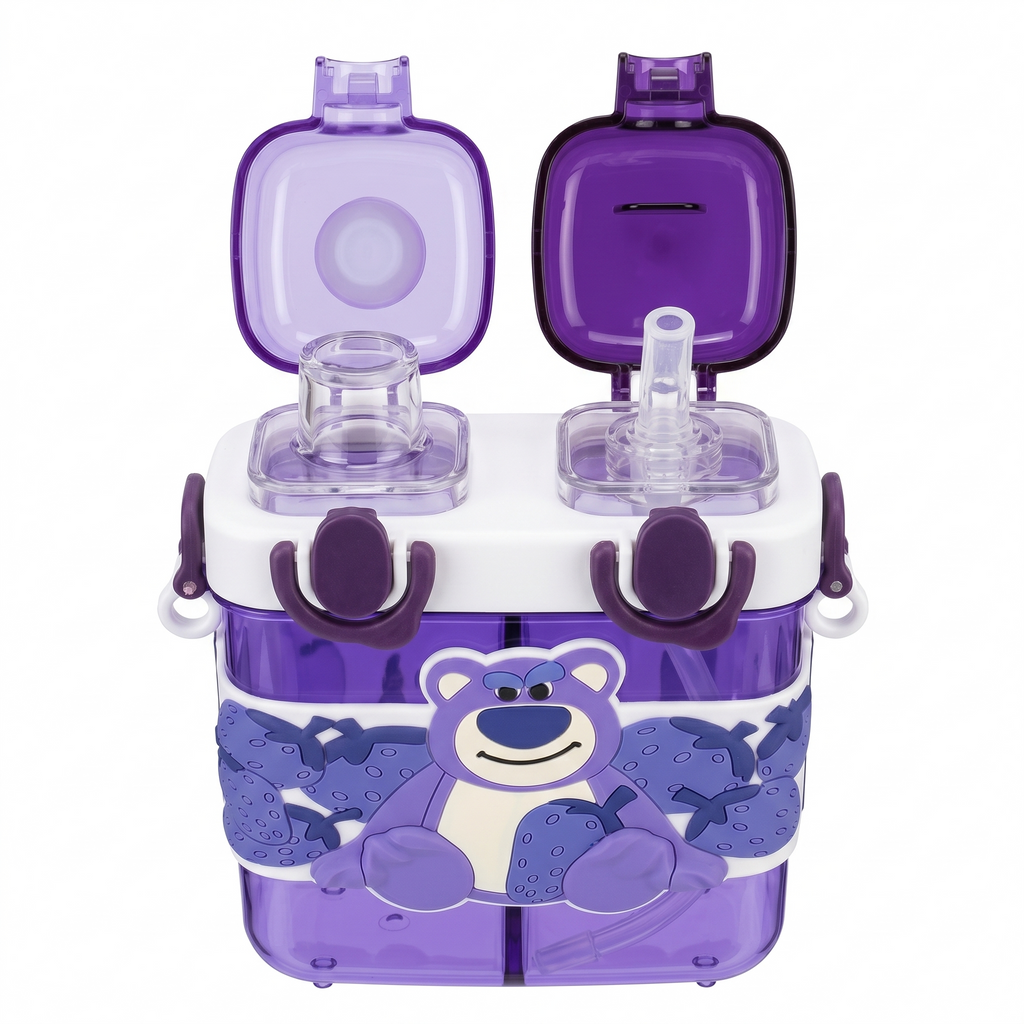 Lotso Bear 2-in-1 Dual-Chamber Water Bottle for Kids | 680ml Purple Sipper & Non-Sipper BPA-Free Plastic Bottle with Adjustable Carry Strap