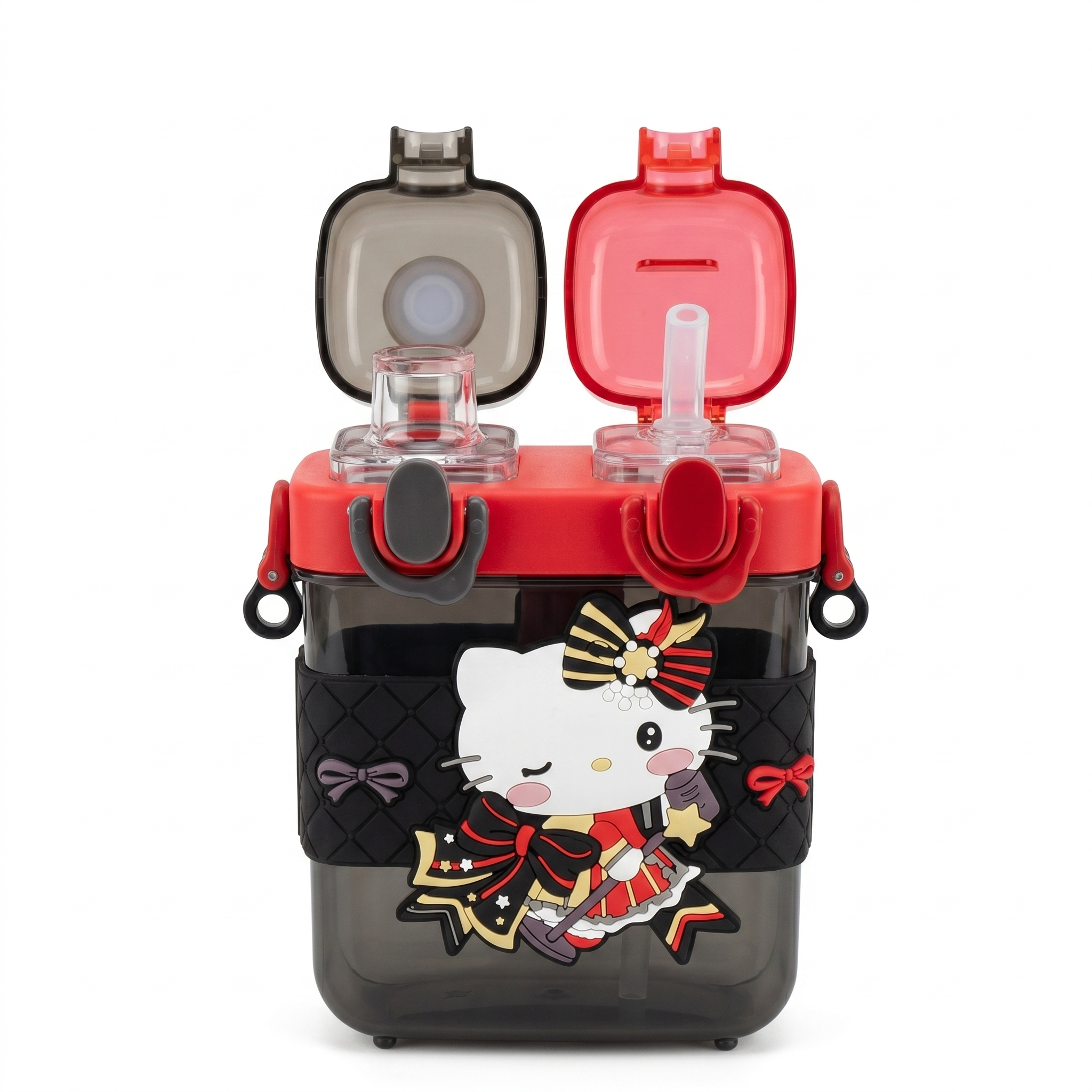 Hello Kitty 2-in-1 Dual-Chamber Water Bottle for Kids | 680ml Red & Black Sipper & Non-Sipper BPA-Free Plastic Bottle with Adjustable Carry Strap