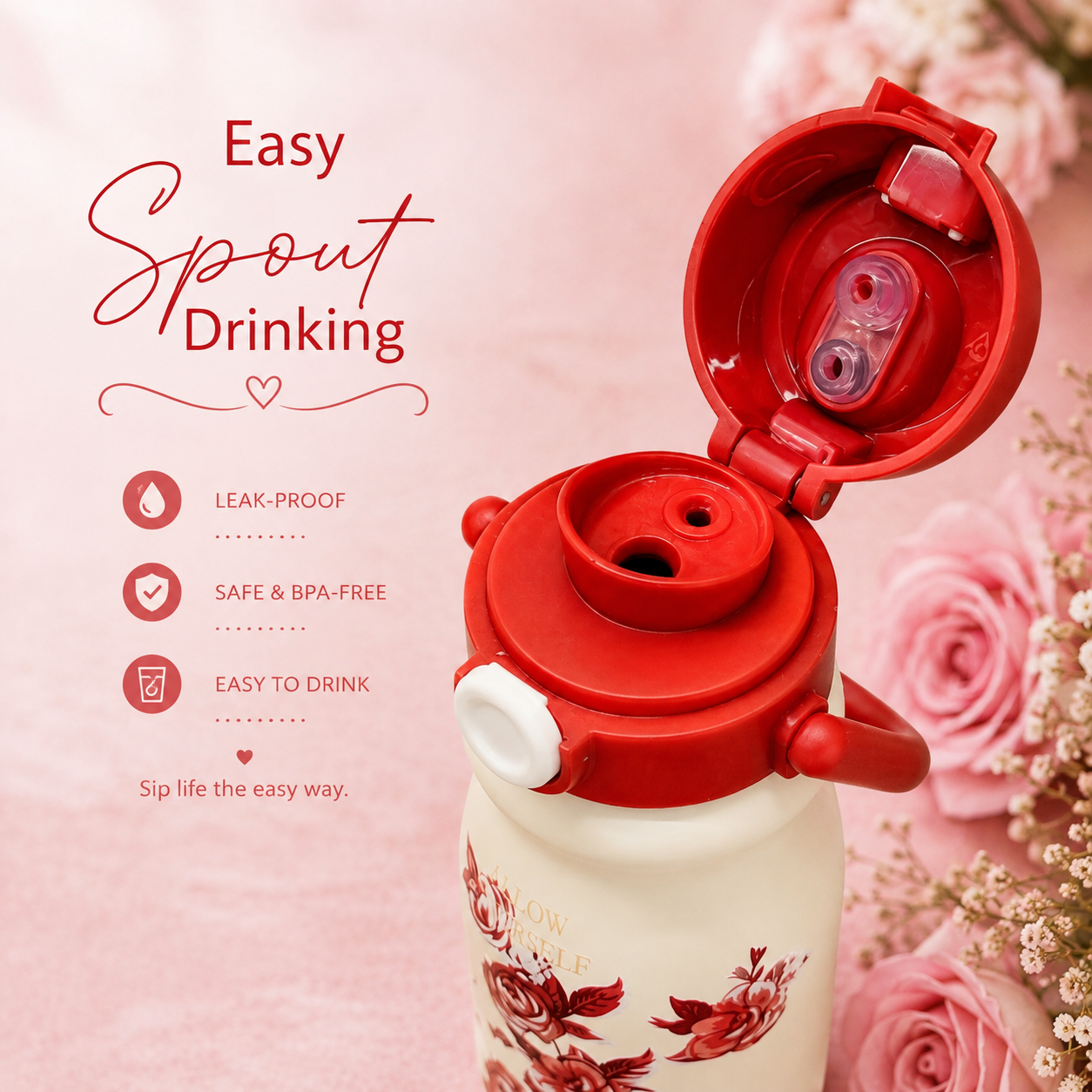 500ml Flower Insulated Steel Bottle – Red