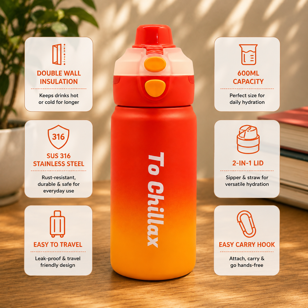 600ml Chillax Insulated Bottle – Red & Orange