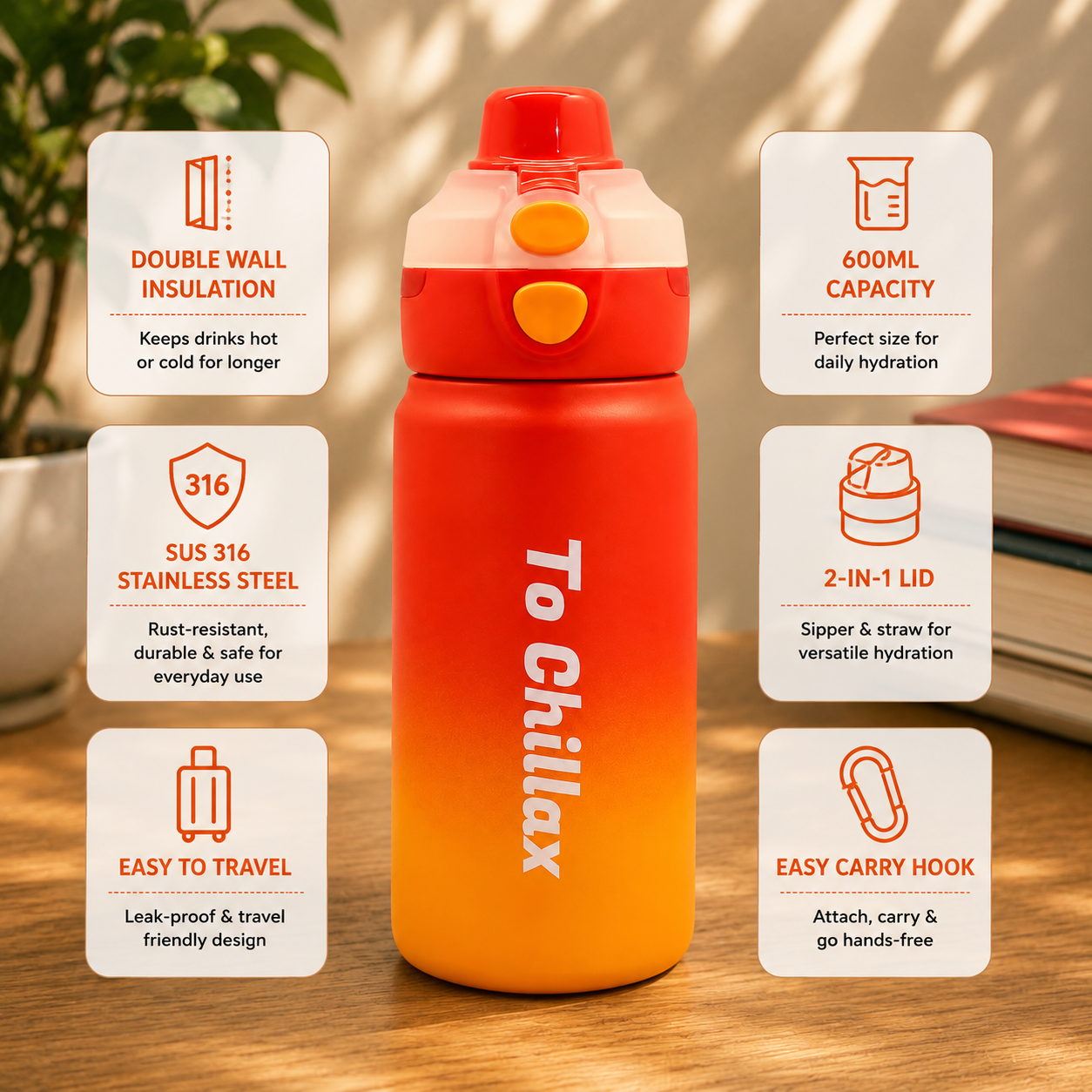 600ml Chillax Insulated Bottle – Red & Orange