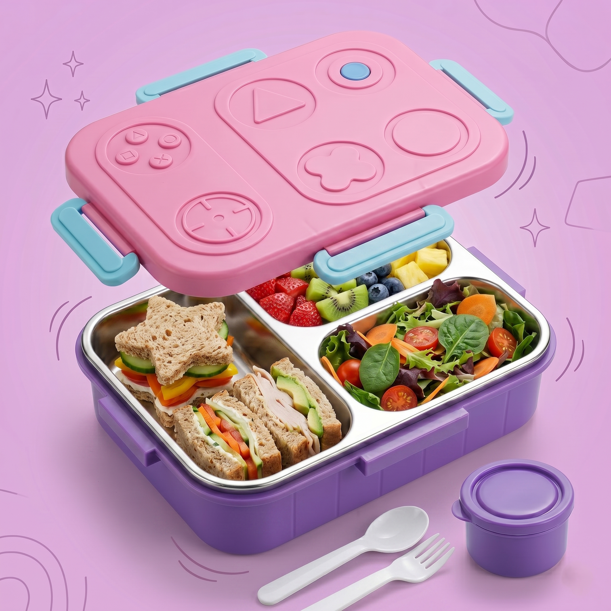 Pink & Purple "Retro Gamer" 750ml Premium Kids Bento Box