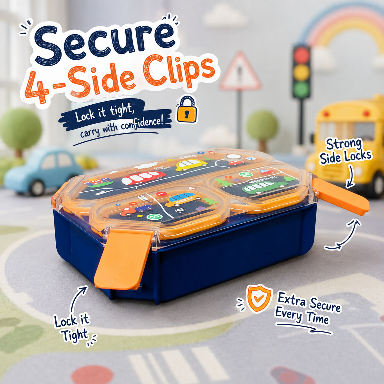 Road Adventure 3-Compartment Leak-Proof Kids Lunch Box with Handle