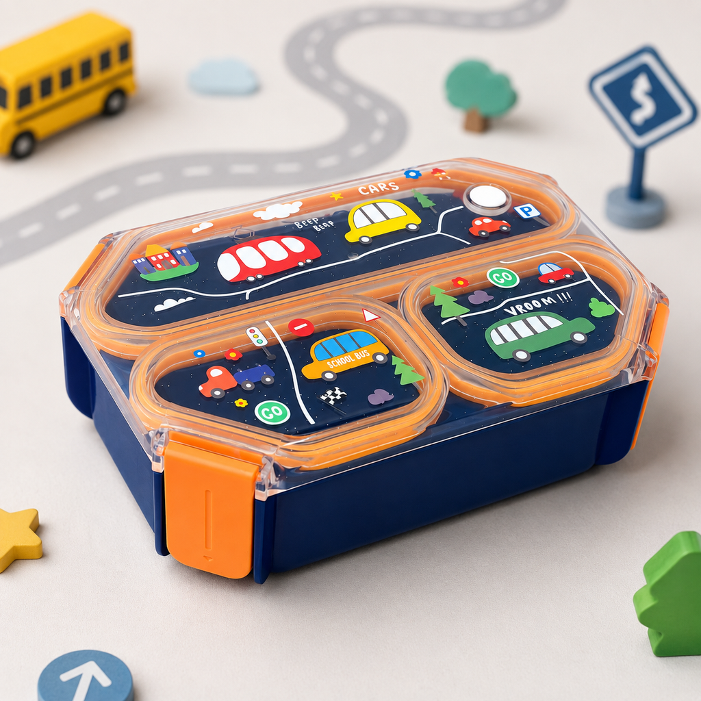 Road Adventure 3-Compartment Leak-Proof Kids Lunch Box with Handle