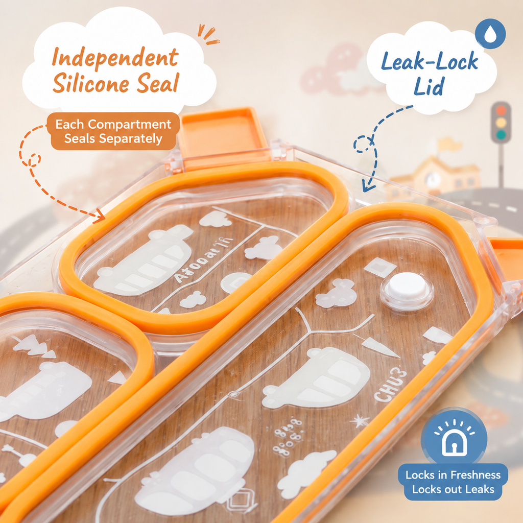 Road Adventure 3-Compartment Leak-Proof Kids Lunch Box with Handle