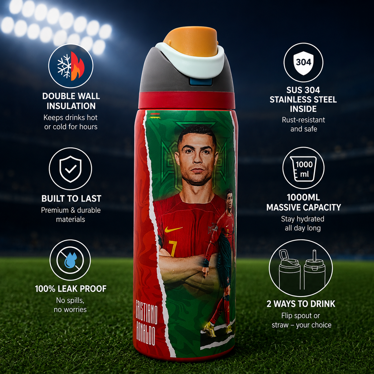 Ronaldo Portugal 1000ml Insulated Bottle