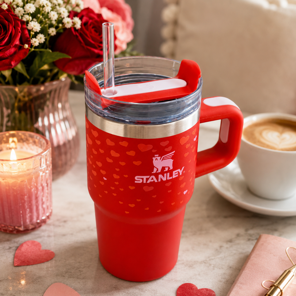 Red Stanley mug with heart pattern on a table with coffee, candles, and flowers.