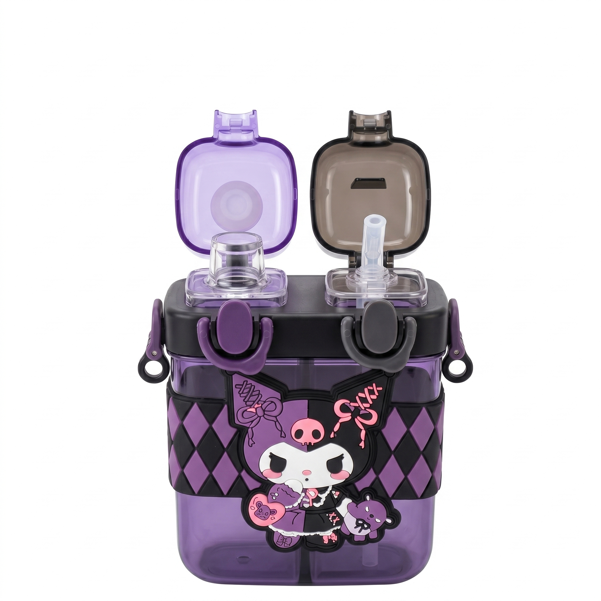 Kuromi 2-in-1 Dual-Chamber Water Bottle for Kids | 680ml Sipper & Non-Sipper BPA-Free Plastic Bottle with Adjustable Carry Strap