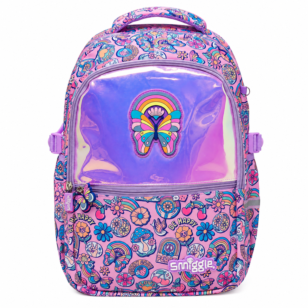 A pink and purple patterned backpack with a holographic clear front pocket featuring a butterfly patch, shown on a white background.