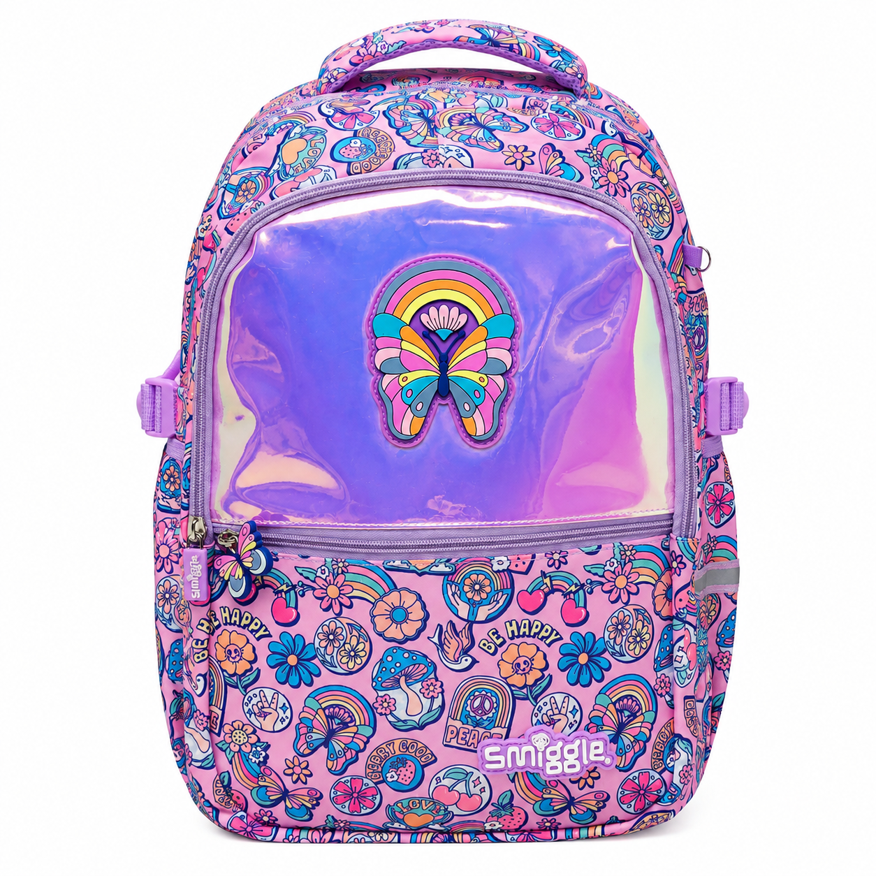 A pink and purple patterned backpack with a holographic clear front pocket featuring a butterfly patch, shown on a white background.