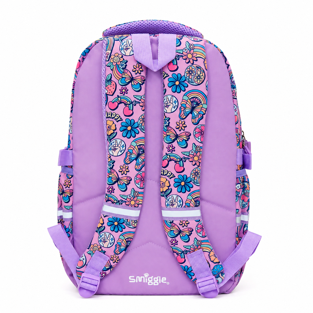 A purple school backpack with a pink and multicolor retro floral pattern on the front and side panels, featuring padded shoulder straps and a white Snuggle logo at the bottom.