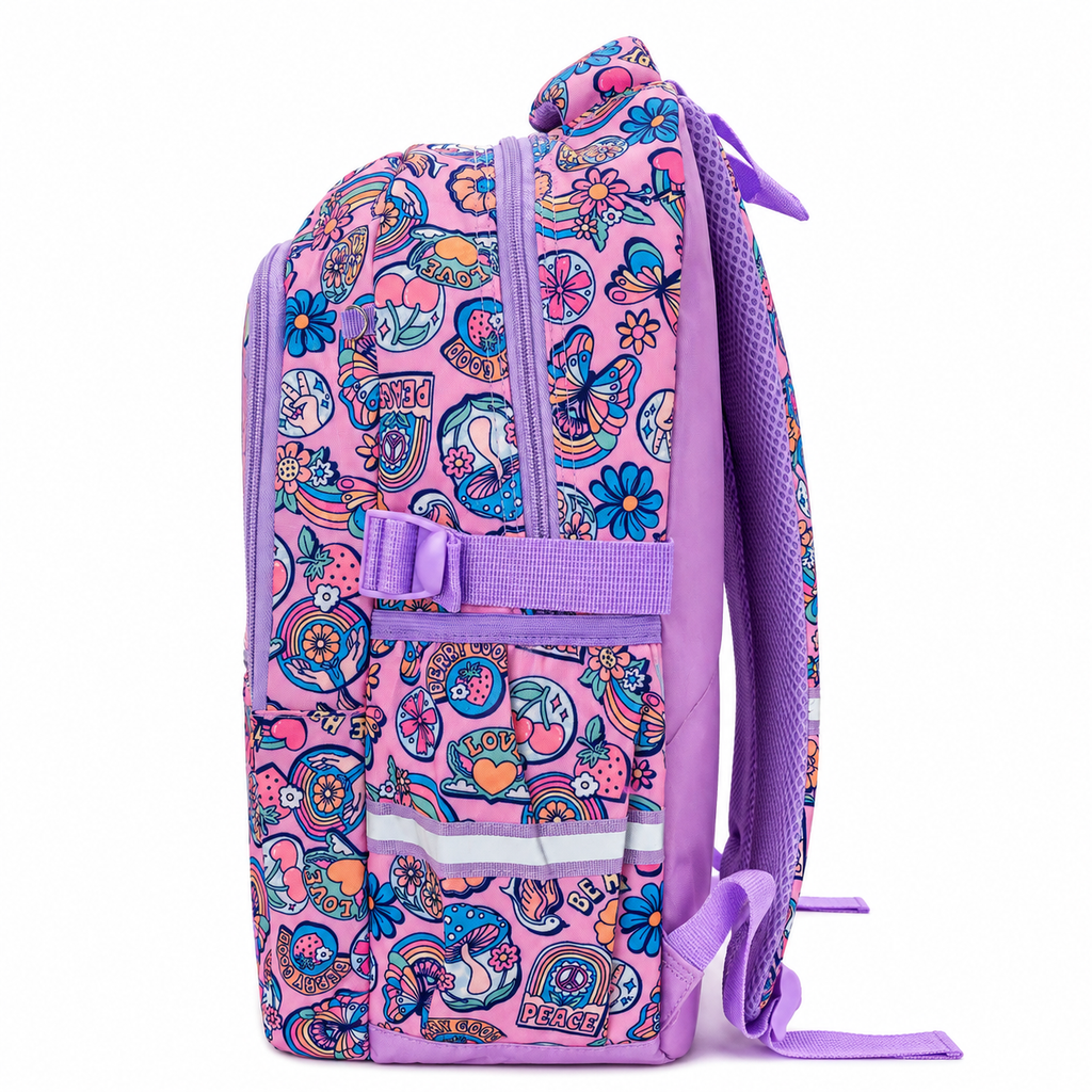 A pink and purple patterned school backpack with a colorful retro design, shown from the back on a white background.