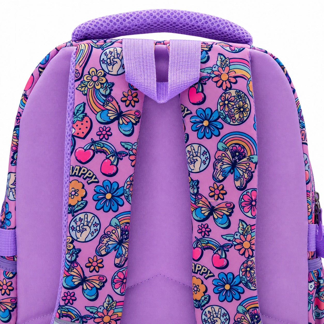 Close-up of the back of a purple backpack with a colorful floral and butterfly print on the side panels, including flowers, butterflies, rainbows, cherries, and the word HAPPY.