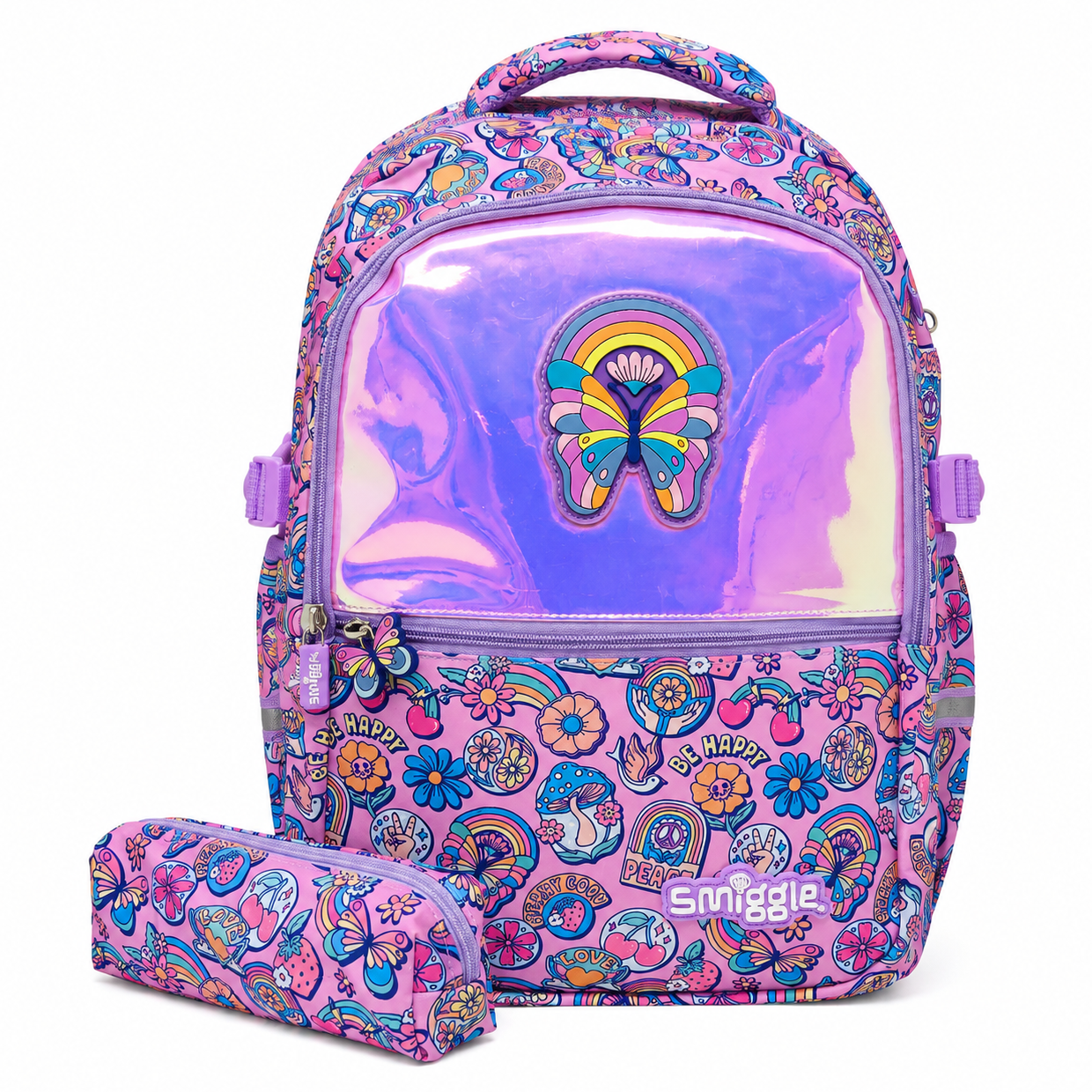 A pink and purple patterned backpack with a holographic front pocket and a matching pencil case, both featuring a colorful retro-style print with a butterfly motif and the Smiggle logo.