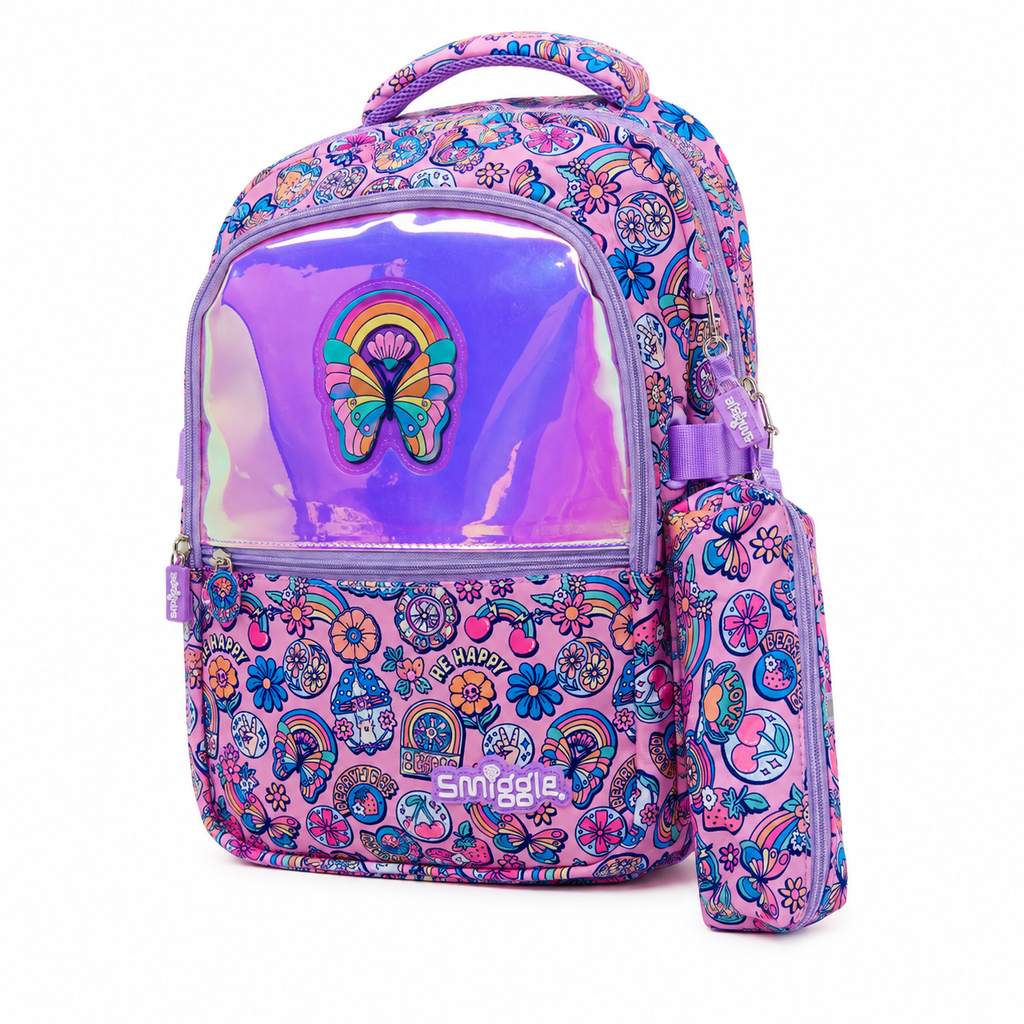 A pink and purple Smiggle backpack with a colorful paisley and floral pattern, a holographic front pocket featuring a butterfly graphic, and a matching zippered pouch attached on the side, shown against a plain white background.