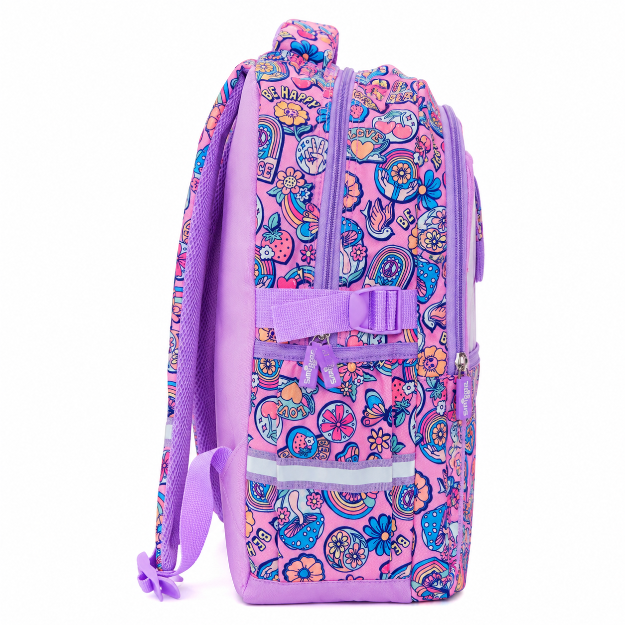 A purple and pink patterned school backpack with multiple compartments, side straps, and a reflective strip on the front pocket, shown against a plain white background.