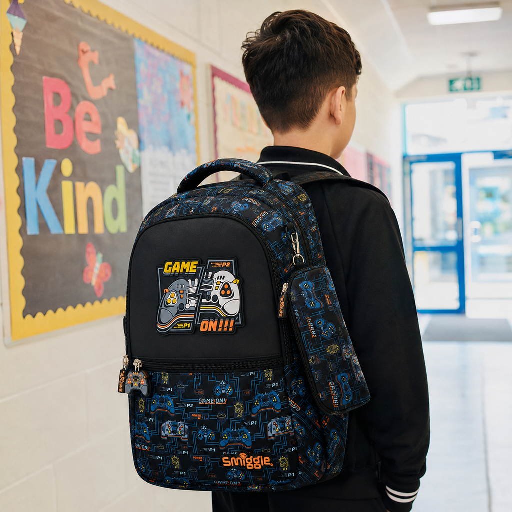 Smiggle Game On 16" School Backpack – Black & Blue Gamer Edition